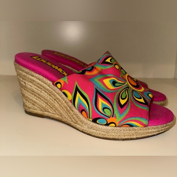 Loudmouth Women Marlene Shagadelic Wedges Sz 6.5M Pink 60s Retro Inspired Fabric - Picture 4 of 14